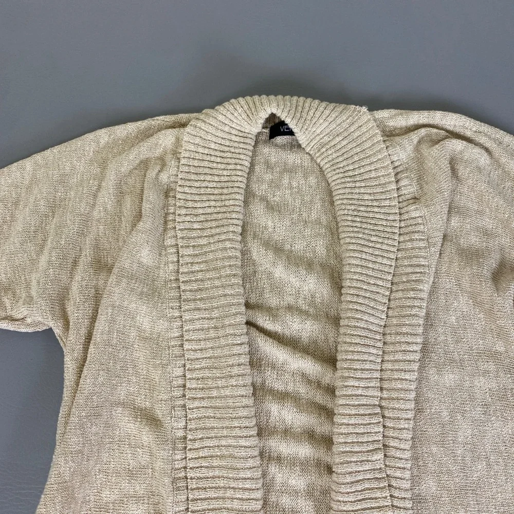 VERVE Cardigan Sweater Women's 1X Beige Metallic Knit Short Sleeve Open Front‎